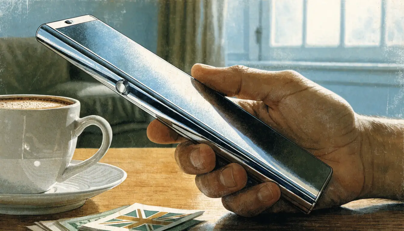 Smartphone next to a bank card and pound notes on a table in a British home.