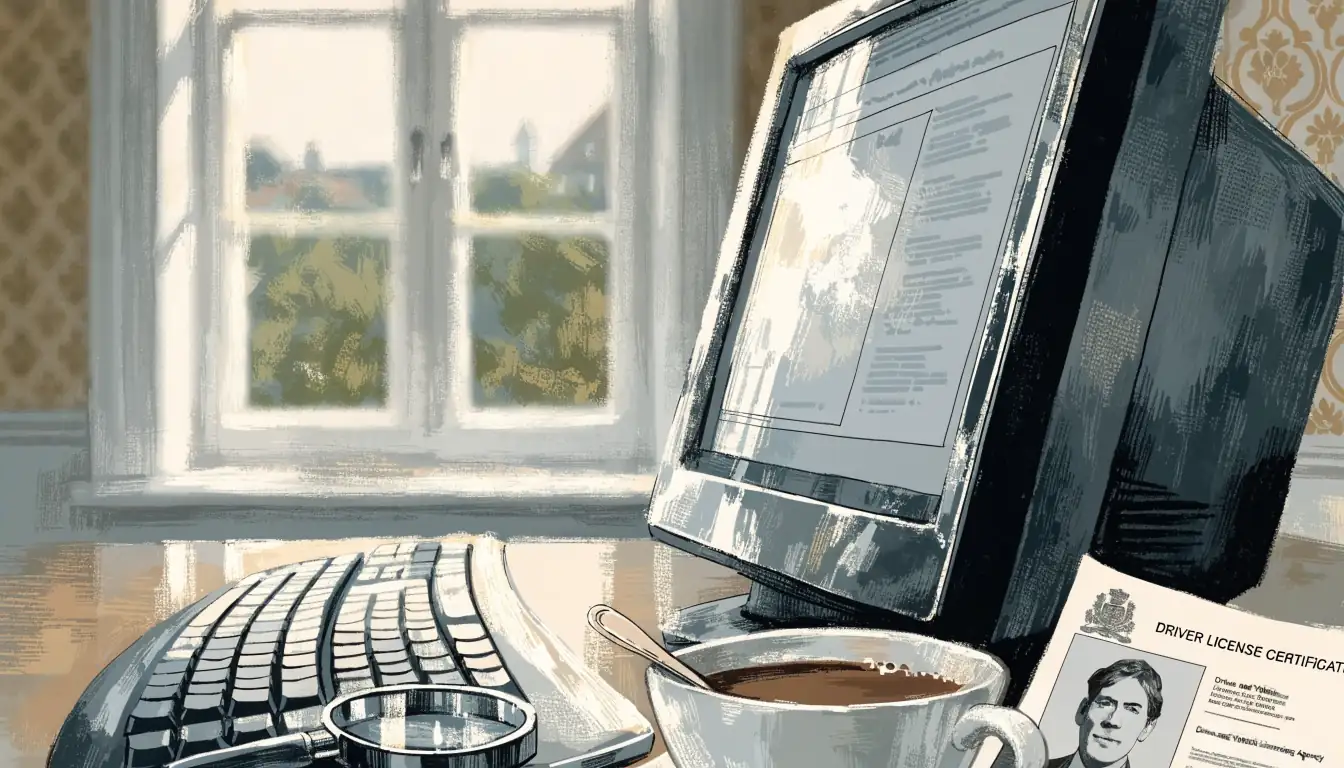 Desk with computer, licence certificate and magnifying glass, UK home office