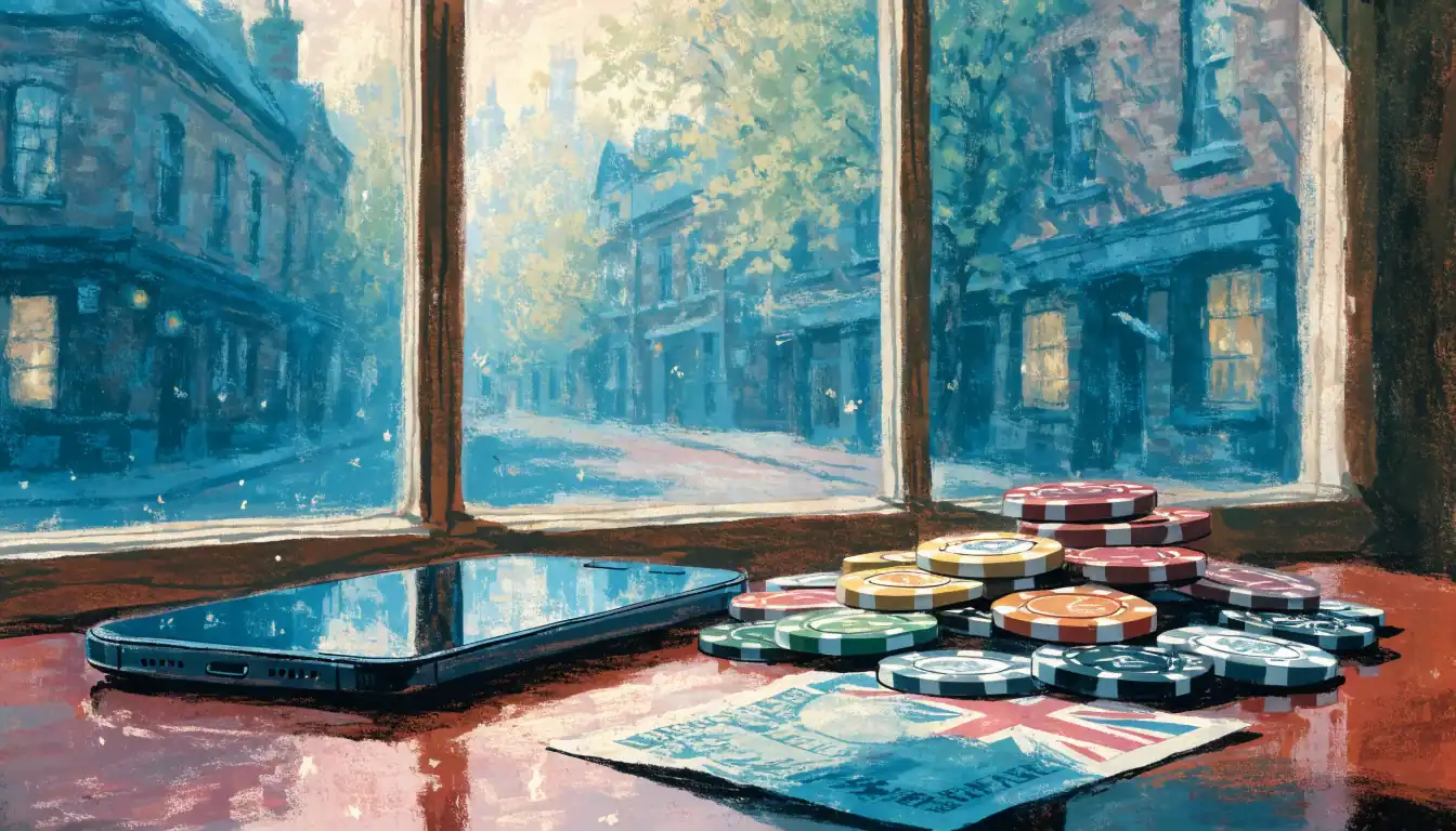 Casino chips and a British banknote on a wooden table by a window, phone face-down.