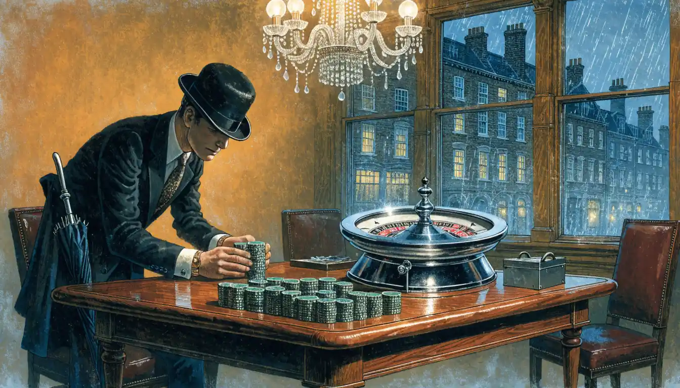 British private club card table with roulette wheel and pound chips at evening