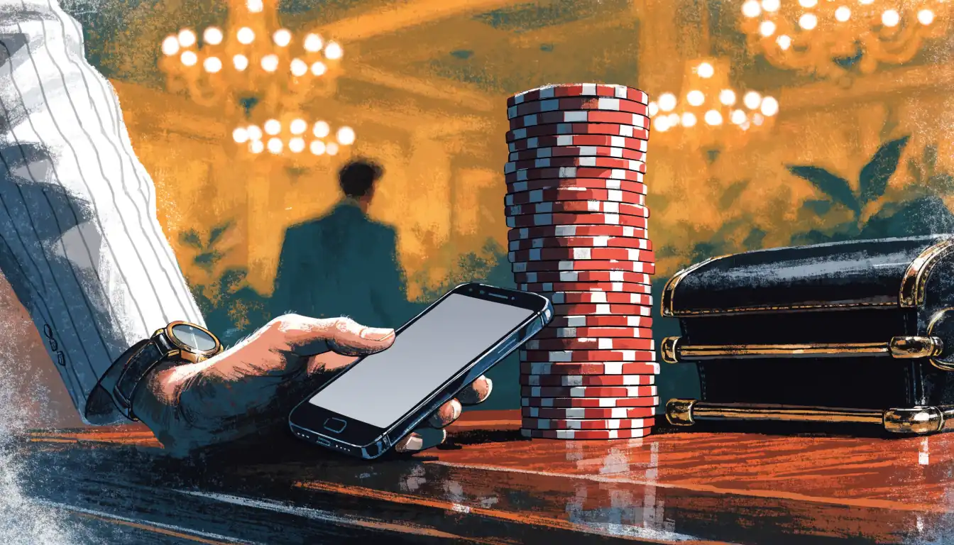 Casino chips and a smartphone on a gaming table, UK casino setting.