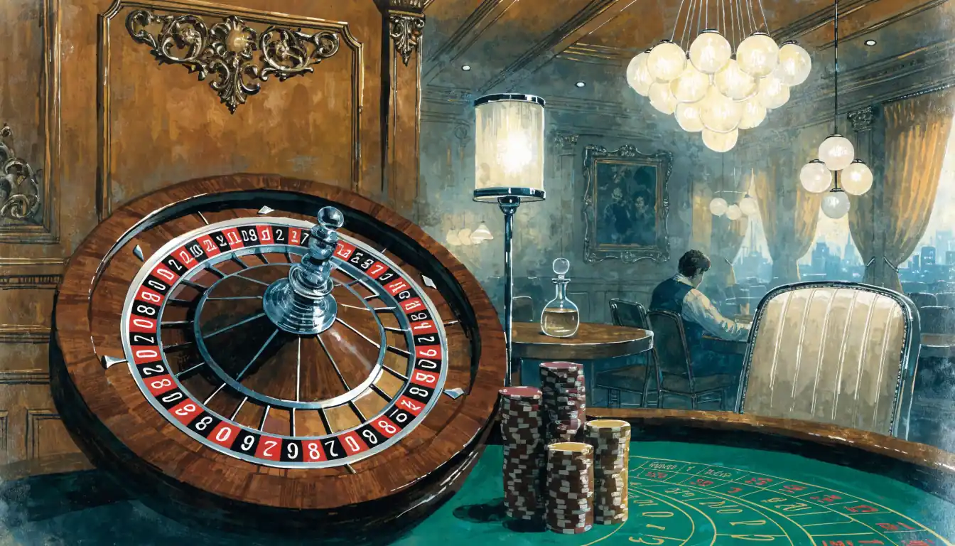 Classic British casino interior featuring a roulette wheel and chips under warm chandelier light.