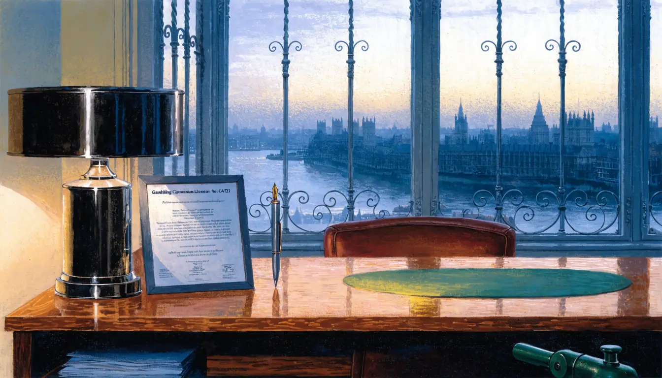 Official UK gambling licence certificate on a London desk with Westminster view.
