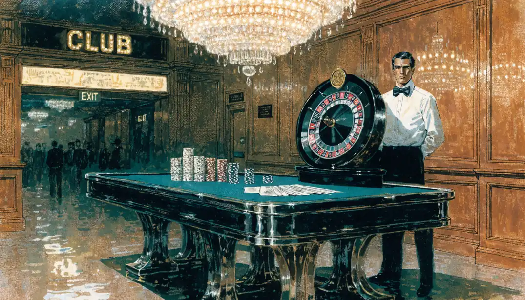 Elegant British casino interior with card table, chips and roulette wheel