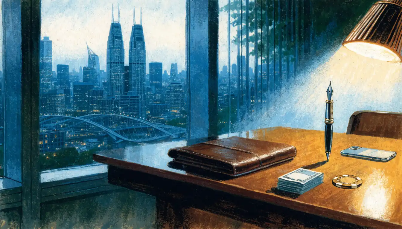 London office desk at dusk with UK skyline, closed portfolio, pound notes and a casino chip.