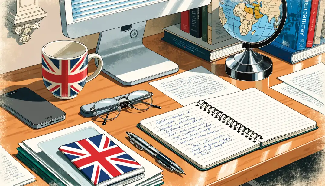 British passport, Union Jack mug, globe, and smartphone on a desk.