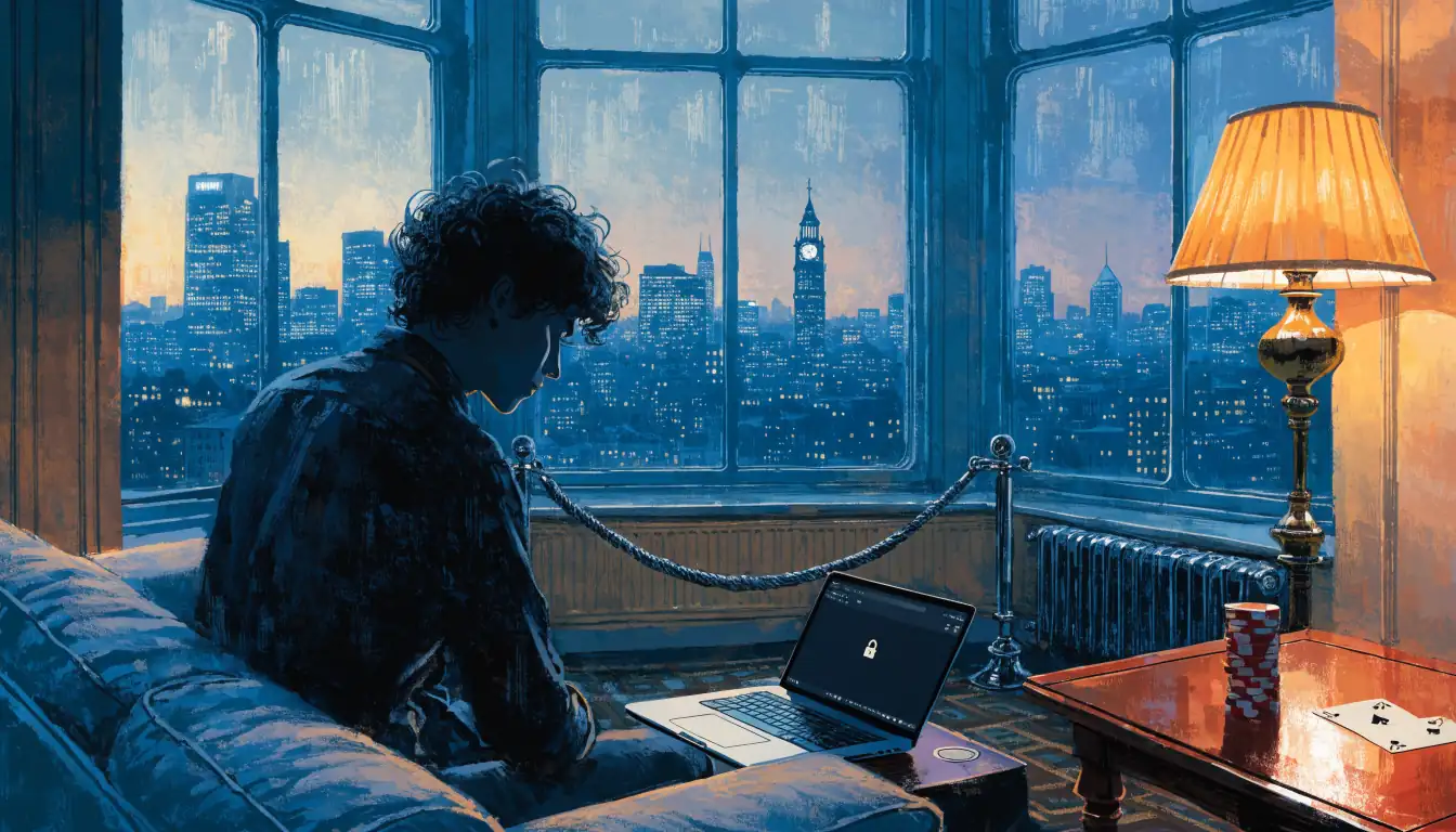 Person in London apartment at night with laptop showing padlock icon, chips and cards on side table